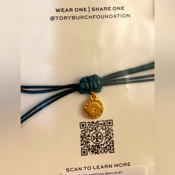 TORY BURCH “Embrace Ambition” Gold-Tone & Green Tie-Rope Bracelet, NIP - Picture 5 of 6